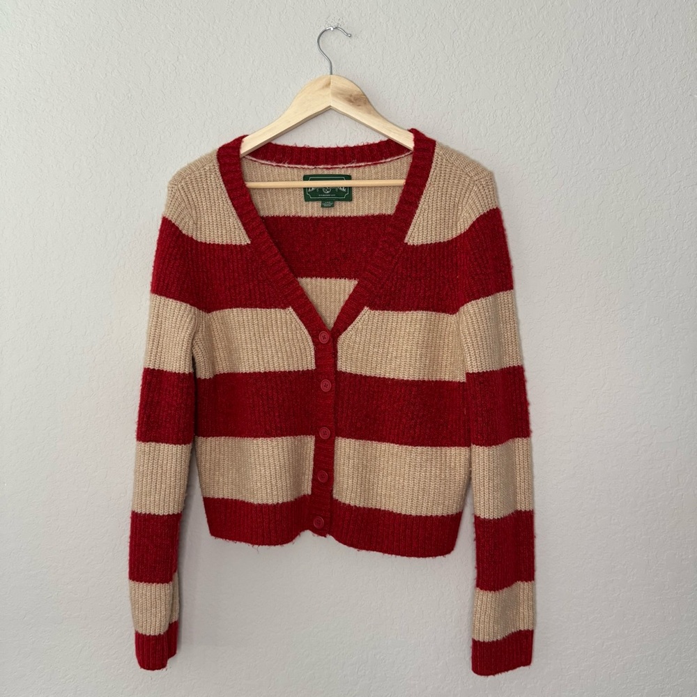Y2K American Eagle Outfitters Red and Cream Striped Button-Up Cardigan - L